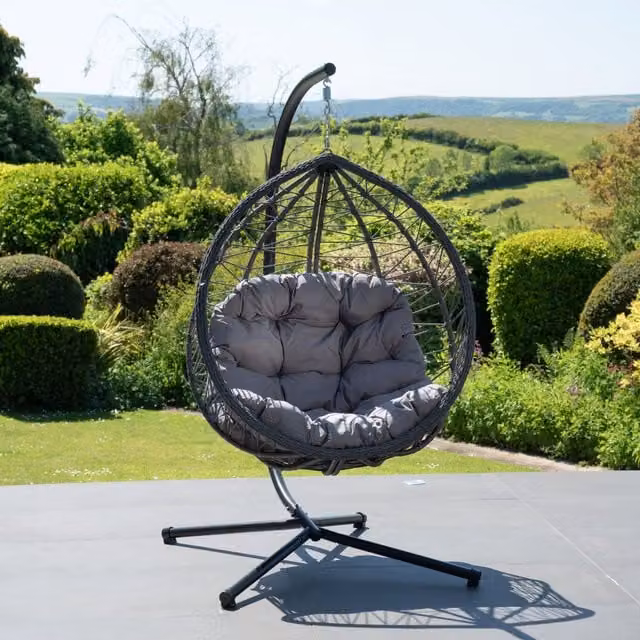 Artemis Home Lynton Garden Hanging Egg Chair in Dark Grey with Stand and Cushions