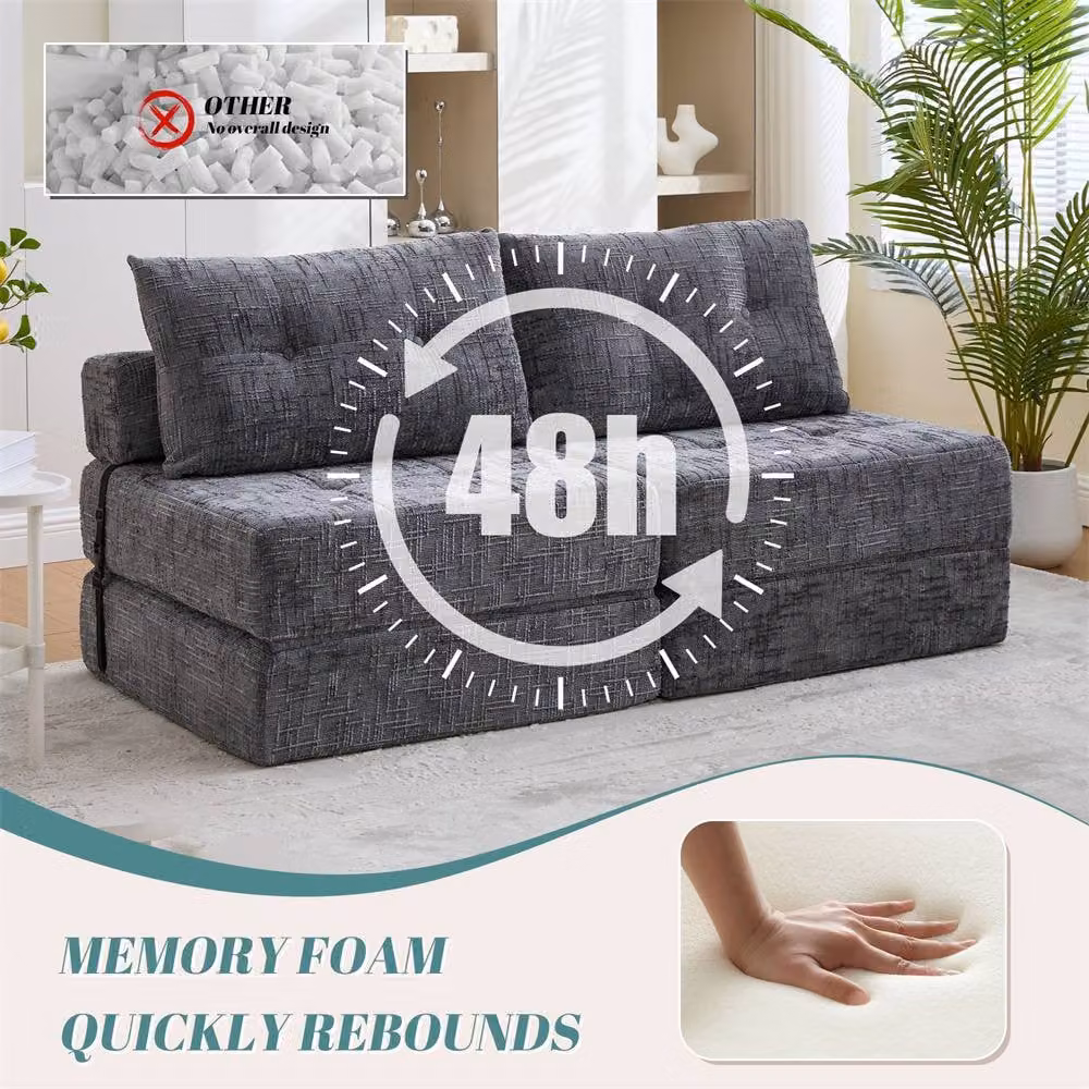 Direct Wicker Grey Chenille Tufted Folding Sofa Bed with Pillow and Back Support – 7
