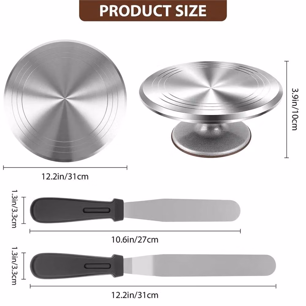 Nordara 12 inch Silver Aluminum Revolving Cake Turntable Stand for Baking and Decorating – 2