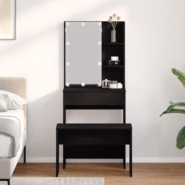 Berkfield Home Hollywood LED Dressing Table Set in Black Oak