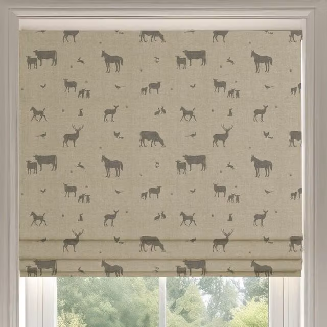 ANTE DECOR Made To Measure Roman Blind with Country Animals Print in Charcoal Grey Cotton Linen