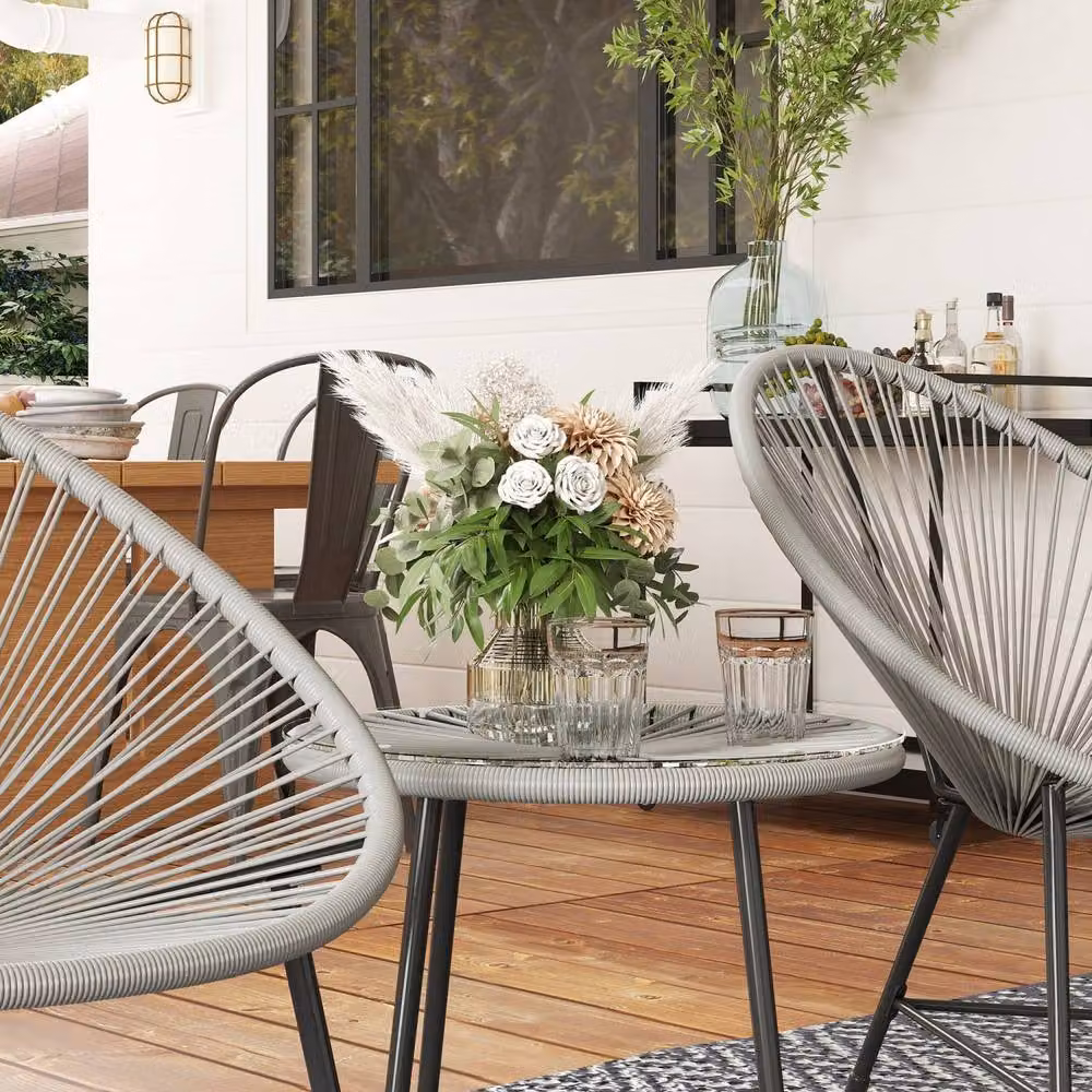 Wyld Haus Nibaco 3 Piece Outdoor Bistro Set in Black and Grey Rattan Rope with Glass Top – 3