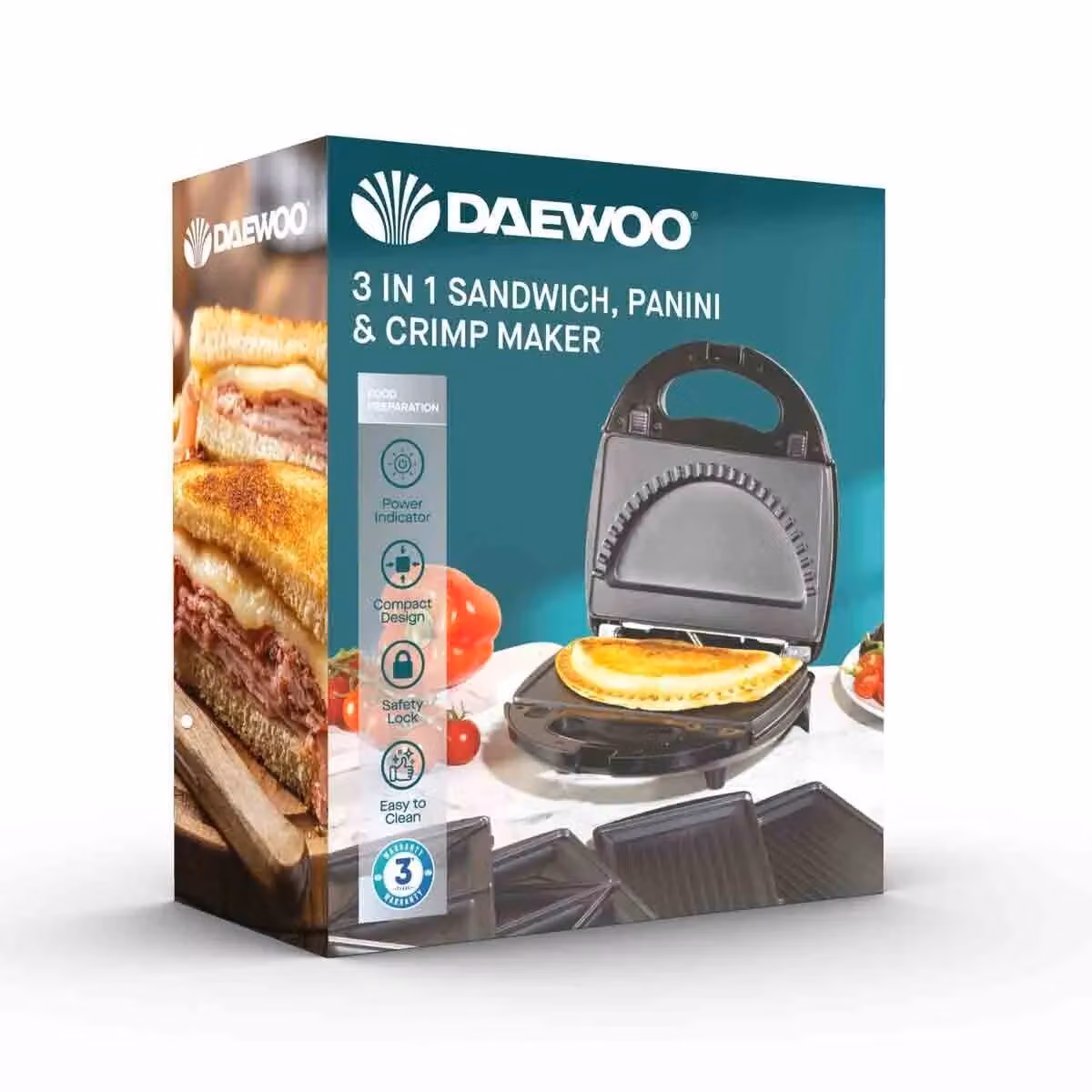 Daewoo 3-in-1 Panini Press, Sandwich and Crimp Maker with Removable Non-Stick Plates, 750W, Black – 10