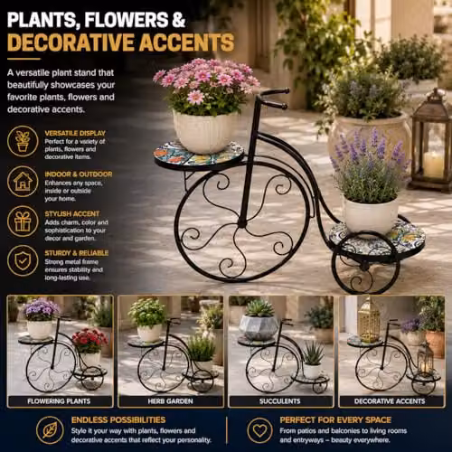 SHATCHI Mediterranean Mosaic Tricycle Plant Stand with Geometric Metal Tile Top, H 65 x W 26 x D 65 cm – 6