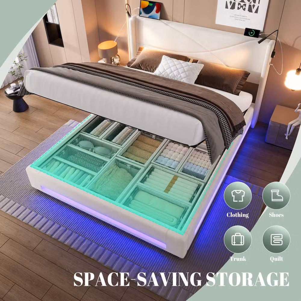 Matteo Modern Beige Velvet King Bed Frame with Lift Up Storage, USB Charging Ports, Reading Lights and Under Bed LED Lighting, W/D/H: 180 x 200 cm – 5