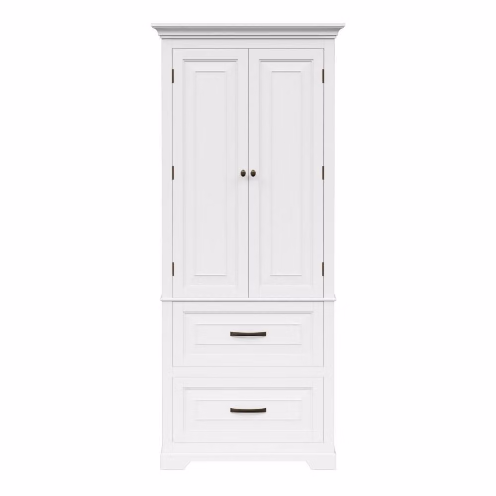 Teamson Home St. James Tall Linen Tower Cabinet in White with Bronze Hardware, featuring Two Doors, Two Drawers and Three Internal Shelves, H 158.1 x W 40.59 x D 35.4 cm – 2