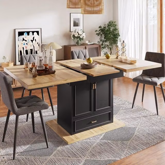 Aosom UK Lockable Telescopic Kitchen Table with Wood-Grain MDF Top and Concealed Storage, Black, W: 80 cm, D: 110 cm, H: 75 cm