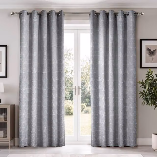 New Edge Blinds Siena Geometric Unlined Jacquard Eyelet Curtains in Silver Grey, Width: 116 cm, Drop: 137 cm