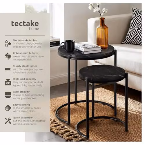 tectake Set of 2 Round Nesting Coffee Tables in Black Marble Look with Height-Adjustable Metal Frames – 4