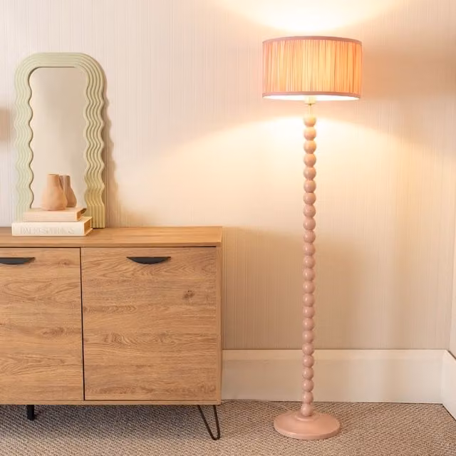 ValueLights Bobbins Rose Pink Floor Lamp with Blush Pink Ruched Pleated Drum Shade and LED Bulb, H 145 cm x W 25 cm x D 25 cm