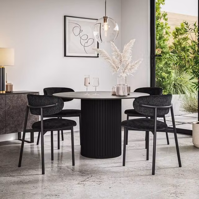 More4Homes Arlo Round Concrete Dining Table with Black Legs and Myla Linen Dining Chairs Set of 4, W: 120 cm, H: 75 cm