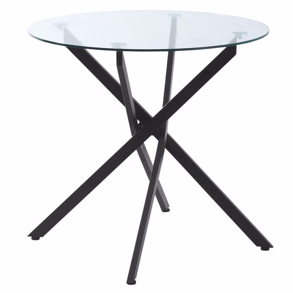 Wyld Haus Bama Round Dining Table with Transparent Glass Top and Black Metal X-Frame, Diameter: 80 cm – 2