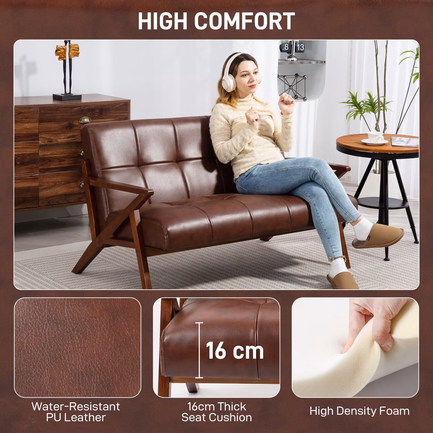 HOMCOM Compact 2 Seater Vintage Tufted Loveseat Sofa in Brown PU Leather, W/D/H: 133 x 81 x 78.5 cm – 4