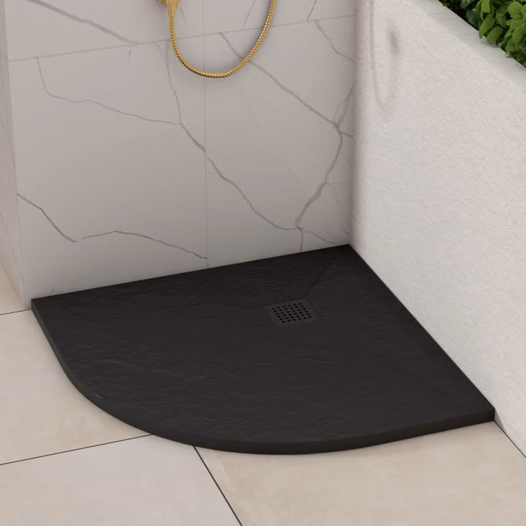Luxor Black Slate Effect Mineral Cast Corner Shower Tray with Black Grate and Anti-Slip Surface