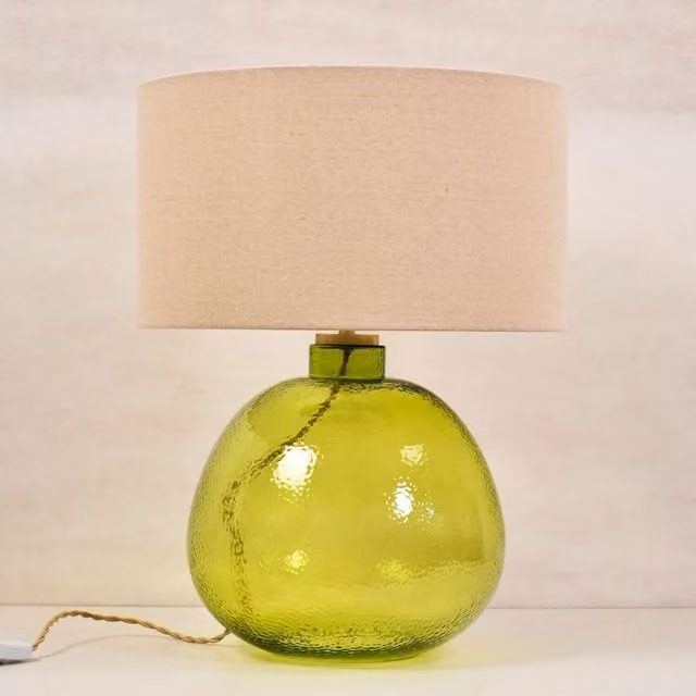 Lighting123 Reuben Modern Green Glass and Fabric Table Lamp with E27 Bulb Cap