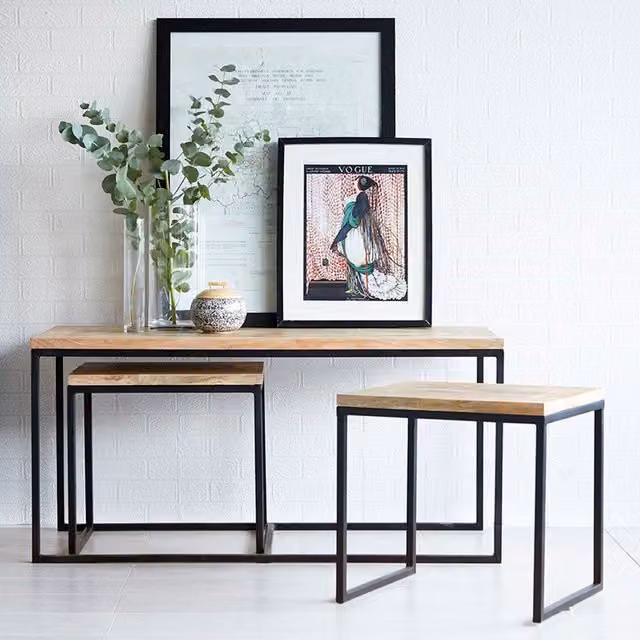 IH Design Industrial Nested Coffee Table Set in Brown Wood and Metal