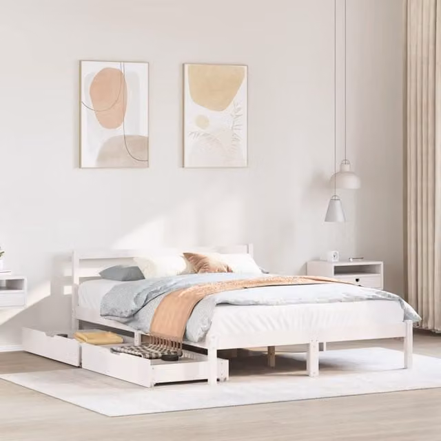 Berkfield Home White Solid Wood Pine Double Bed Frame W: 135 cm, L: 190 cm
