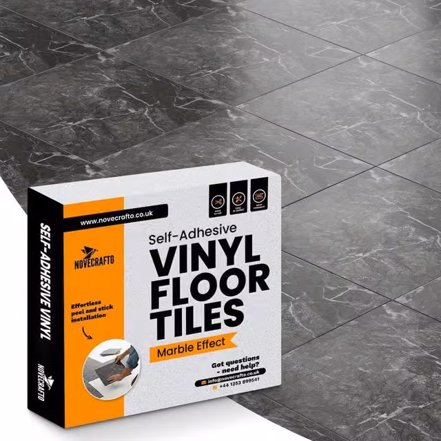 Novecrafto Self Adhesive Black Marbled Stone Look Vinyl Floor Tiles, Pack of 10, W/D: 30.5 x 30.5 cm