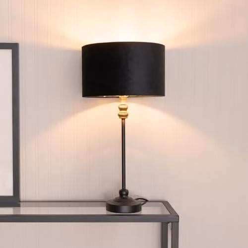 ValueLights Maggie Black Metal Candlestick Table Lamp with Black Velvet and Gold Inner Shade and Warm White Bulb – 2