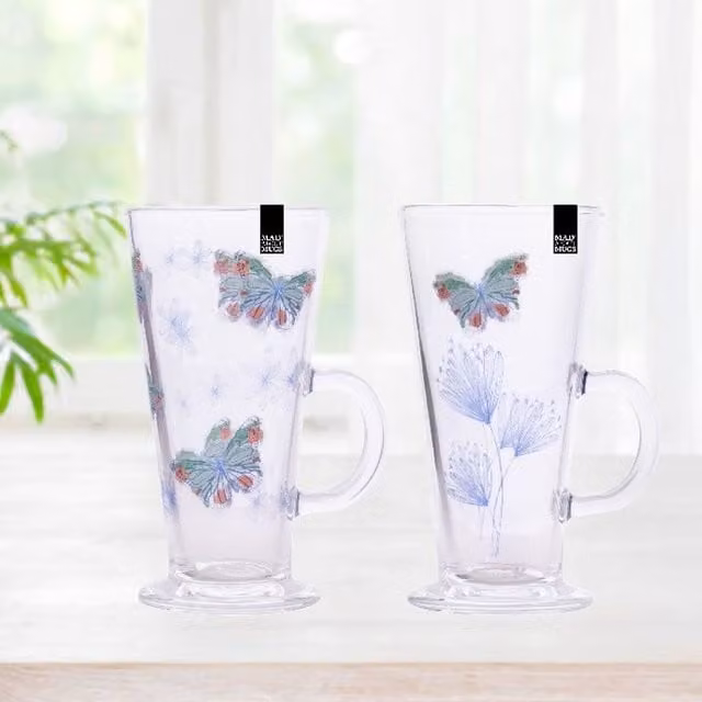 Set of 2 Shop4allsorts Transparent Floral Glass Butterfly Latte Mugs