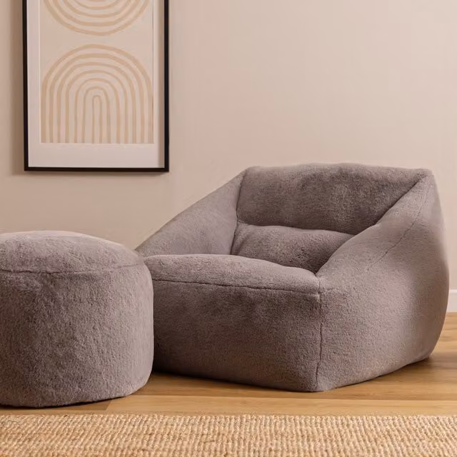 Icon Natalia Faux Fur Armchair and Round Footstool in Light Grey