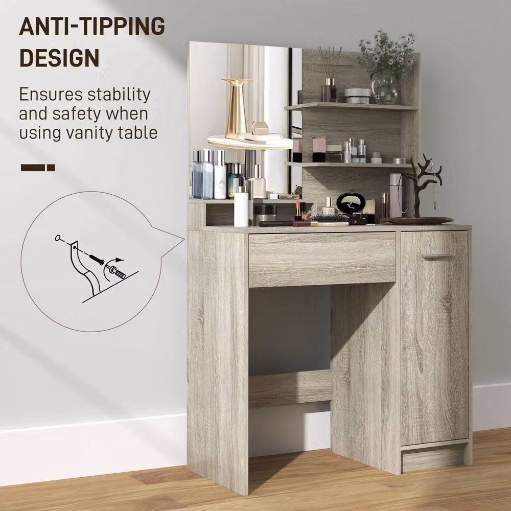 STILVORA Modern Dressing Table and Stool Set with Storage in Sand and Brown – 4