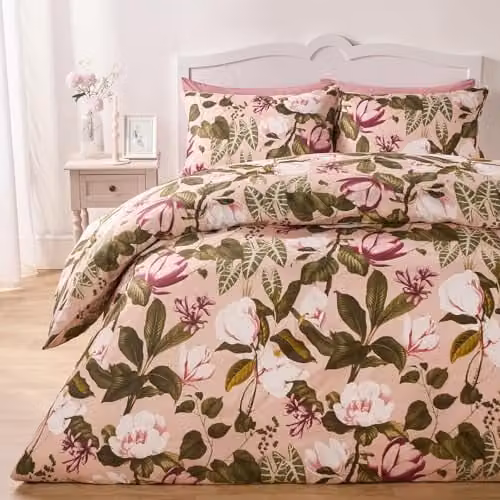 OHS Reversible Floral Microfibre Duvet Cover and Pillowcase Set, Pink, W/D/H: 200 x 200 x 50 cm