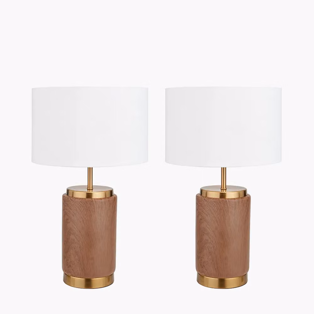 Ruma Set of 2 Brown Ceramic Table Lamps with Wood Effect Design – 2