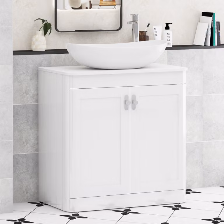 Royal Bathrooms Henley 800mm Gloss White Floor Standing 2 Door Vanity Unit with Cesar Basin and Chrome Knob