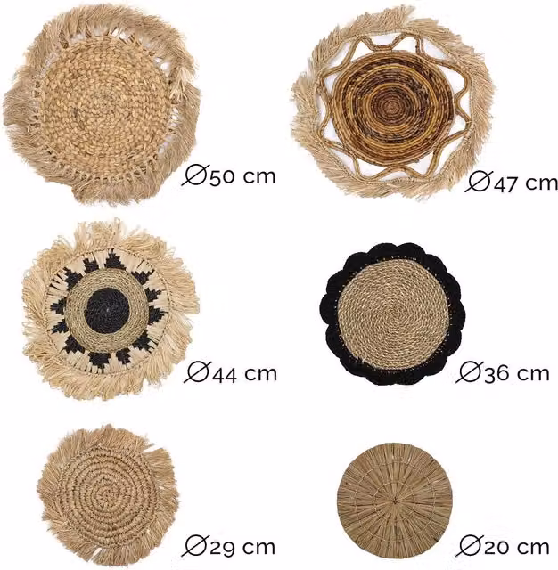 KDMK Kribo Collection Set of Six Round Rattan Boho Abstract Wall Art in Multicolour and Yellow