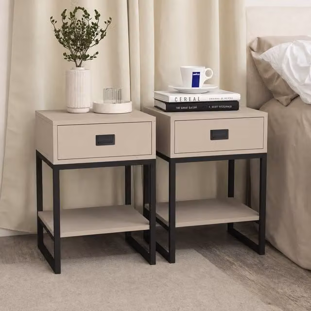 Melody Maison Elle Pair of One Drawer Bedside Tables in Black and Dark Beige