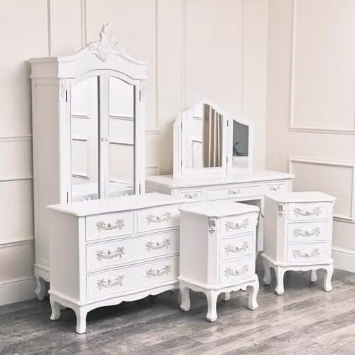 Melody Maison Pays Blanc Shabby Chic Bedroom Furniture Set in Antique White, including Closet, Dressing Table, Chest of Drawers and Pair of Bedside Tables – 1