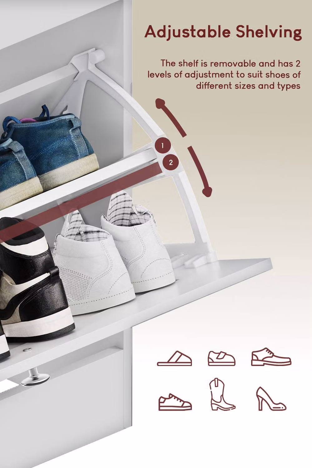 HD Designs Modern White 2 Drawer Flip Down Shoe Cabinet with Tilting Compartments – 3