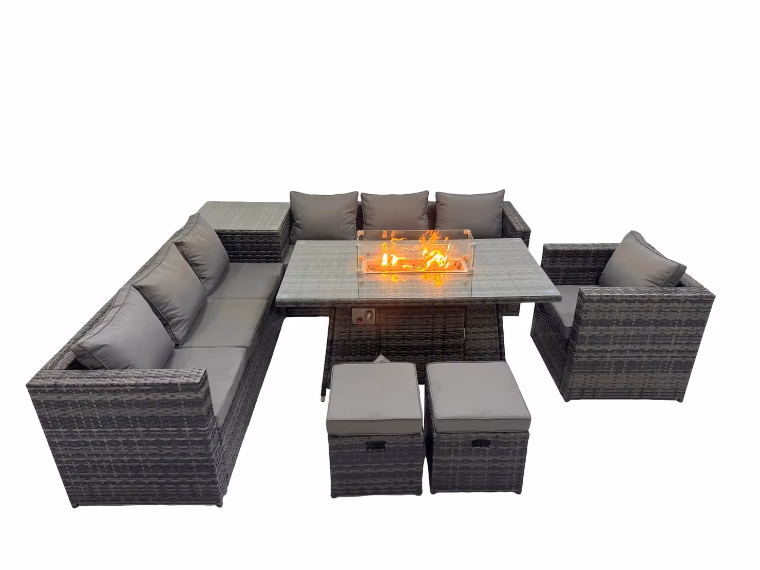 Fimous Dark Grey L-Shape Rattan Garden Corner Furniture Set with Gas Fire Pit Table, Lounge Armchairs and Upholstered Cushions – 2