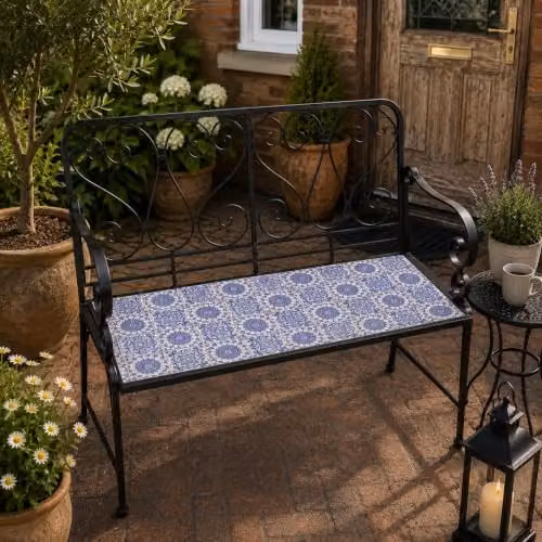 SHATCHI Porto 2 Seater Mosaic Garden Bench with Blue Ceramic Tile Seat and Lacquered Metal Frame, W: 112 cm, H: 96 cm, D: 47 cm – 2