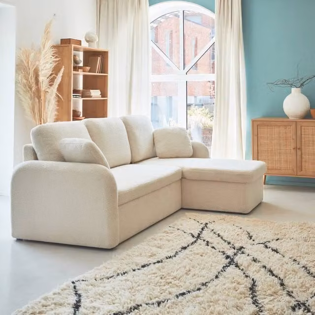 sweeek 3-Seater Reversible Corner Sofa Bed in Cream Boucle Fabric with Pull Out Drawer and Scatter Cushions, W/D/H: 220 x 120 x 85 cm – 1