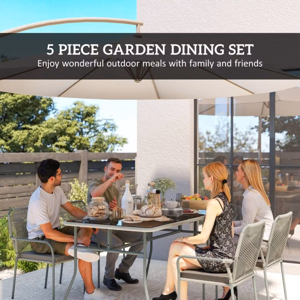 STILVORA Modern Garden Dining Set with Rectangular Glass Table and Stackable Grey Chairs – 4