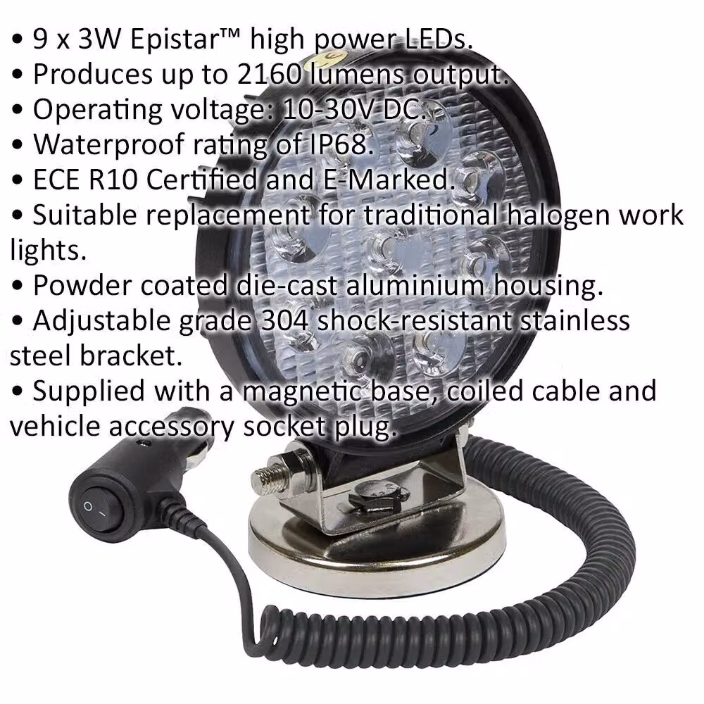 Loops 27W SMD LED Waterproof Work Light with Magnetic Base, Black, Diameter: 115 mm – 2