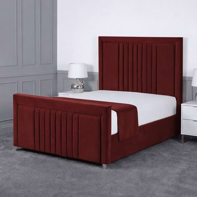 Living Comfort Bedz Celeste Plush Velvet Upholstered Bed with Slatted Base and 48 Inch Headboard in Maroon Red, Single Size – 1