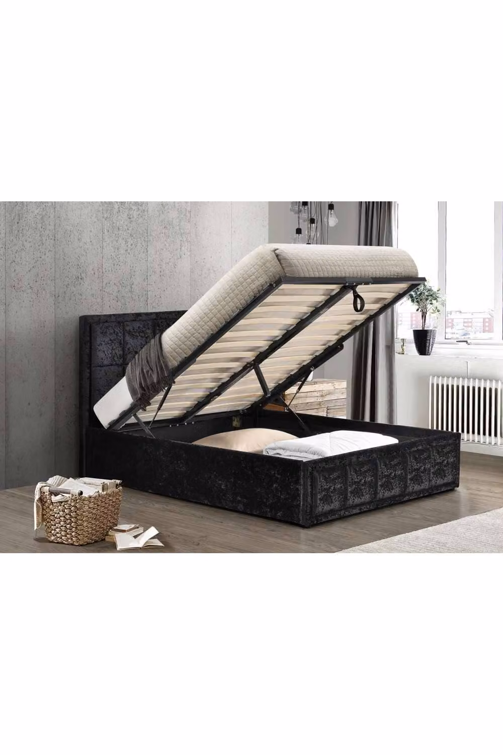 Birlea Hannover Black Crushed Velvet Glitz Fabric Ottoman Bed Frame with Gas Lift Storage, Double – 2
