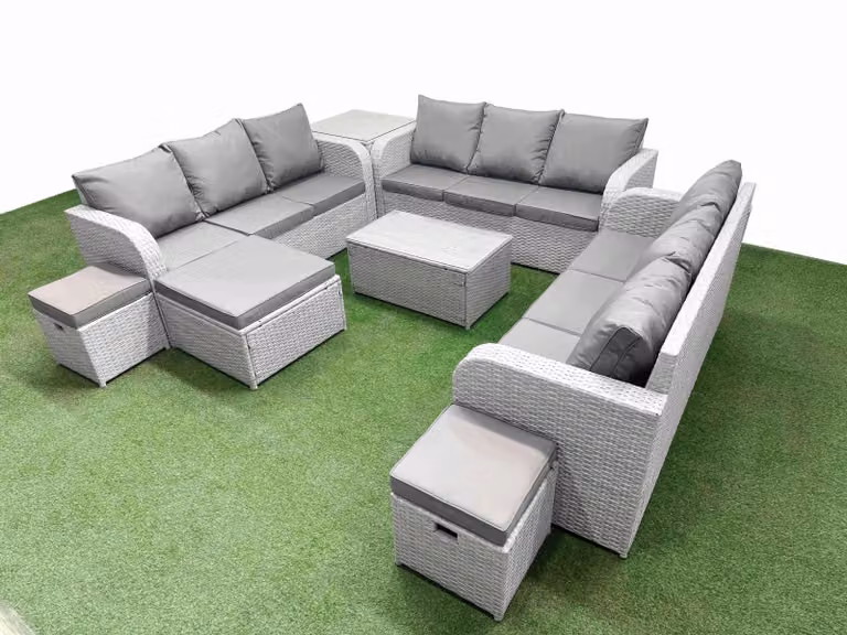 Fimous 12 Seater PE Rattan Outdoor Garden Lounge Sofa Set in Light Grey with Coffee Table, 3 Seater Sofa, 3 Stools and Side Table