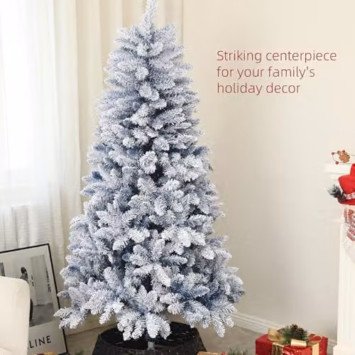 HOMCOM 6ft Blue Flocked Artificial Christmas Tree with Snow Frosted Tips – 2