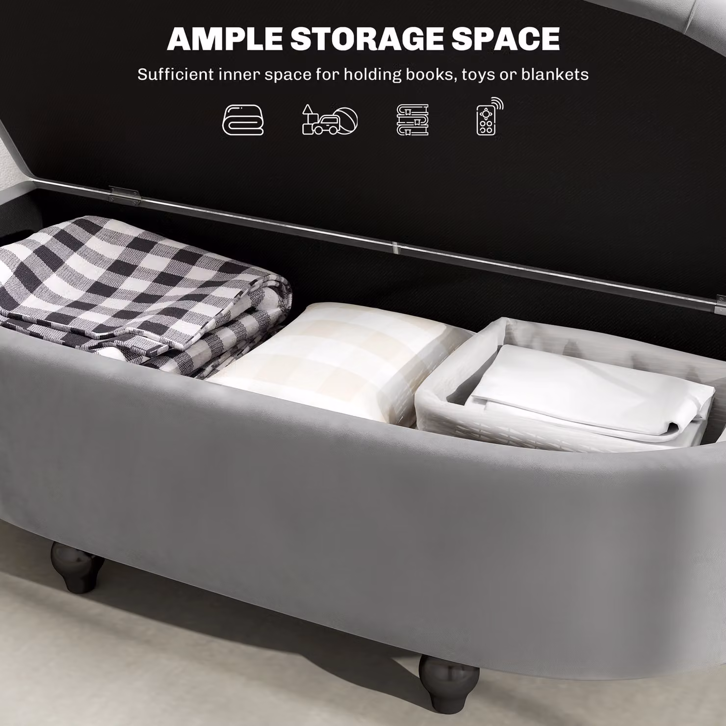 HOMCOM Semi-Circle Tufted Velvet Bed End Bench Ottoman with Storage and Rubberwood Legs, Grey, W: 120 cm, D: 45 cm, H: 118 cm – 4
