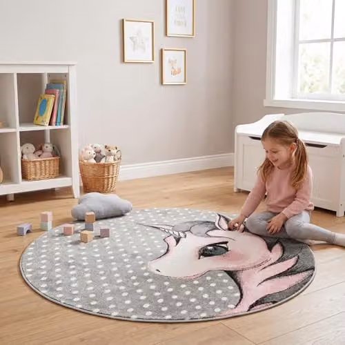 Bravich Pink Unicorn Kids Round Rug, Diameter: 160 cm, Soft Anti-Allergic Polypropylene Play Mat for Bedrooms and Nurseries – 2
