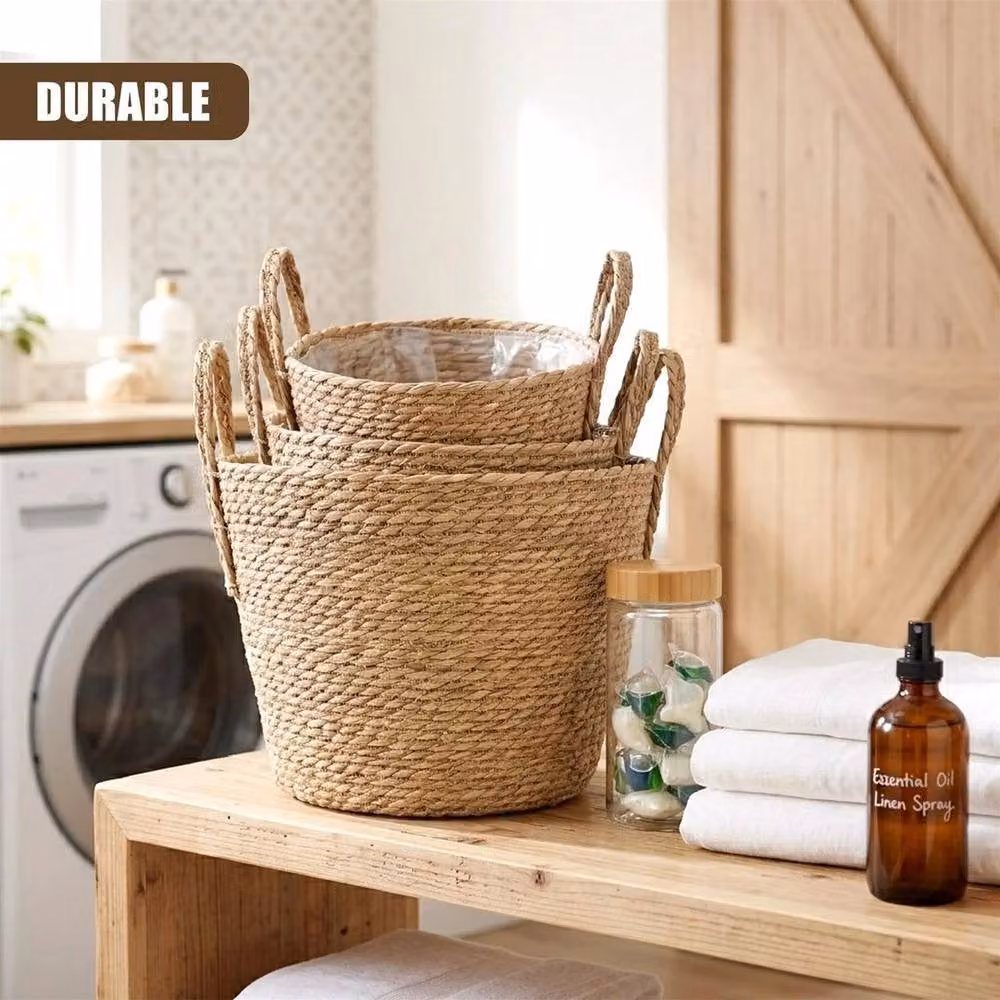 KORVIXA Set of 3 Brown Wicker Plant Pots with Handles and Rustic Rattan Design – 4