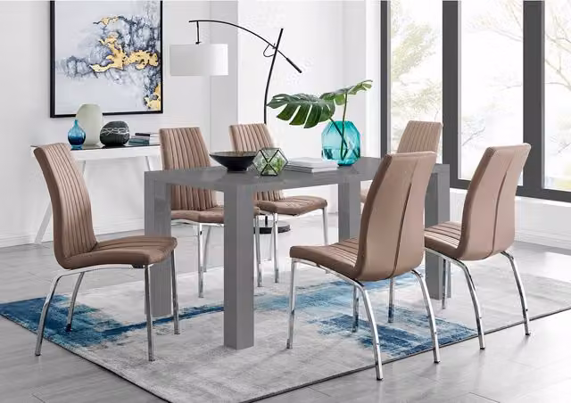 FurnitureboxUK Pivero Grey High Gloss Rectangular Dining Table and 6 Isco Faux Leather Chairs in Cappuccino
