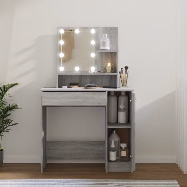 Berkfield Home Modern LED Dressing Table in Grey Sonoma, W: 86.5 cm, D: 35 cm, H: 136 cm