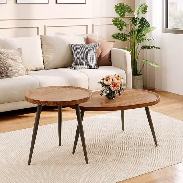 Komore 2-Piece Nesting Round Coffee Table Set in Brown and Black Industrial Wood and Metal