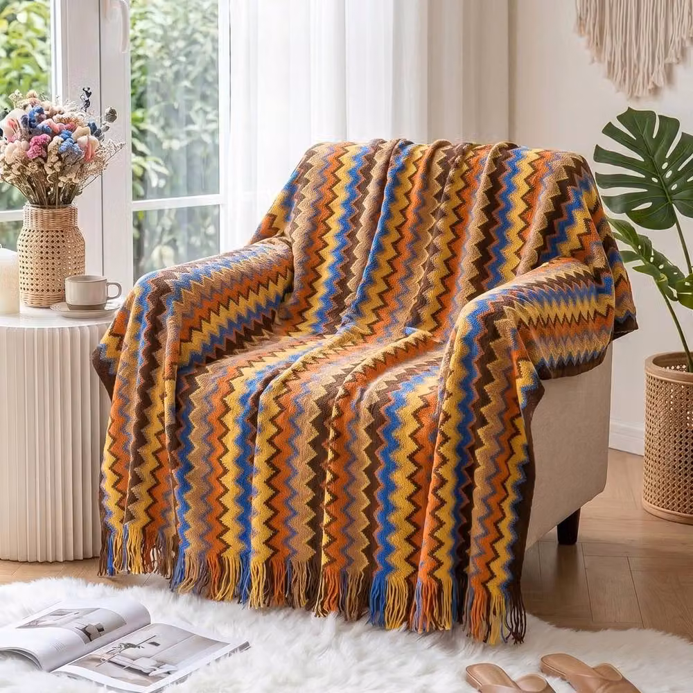 NESTLUNE Brown Wave Striped Knitted Throw Blanket, W: 100 cm, L: 190 cm – 2