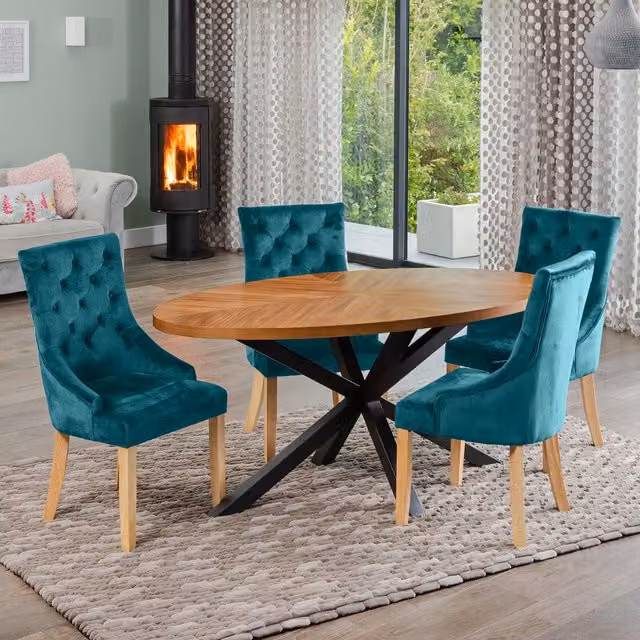 Artemis Home Dosenna Oval Dining Table Set with 4 Ravenna Velvet Chairs in Petrol Blue